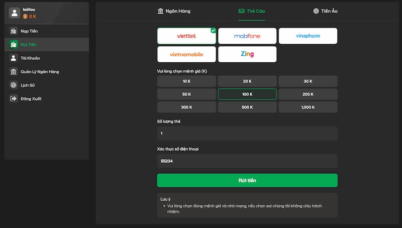Rút tiền 3 Các bước rút thưởng qua thẻ cào