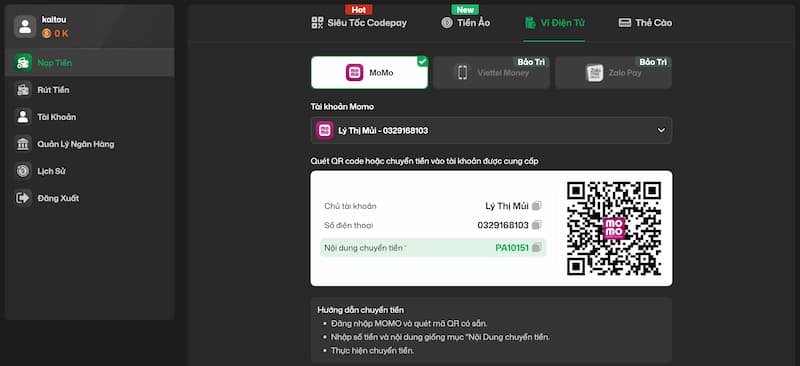Nạp tiền 3 Gửi tiền ví game qua ví điện tử Momo