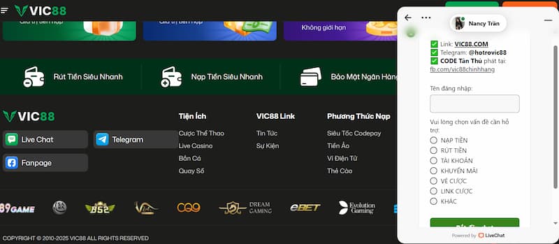 Liên hệ CSKH 2 Live chat Vic88