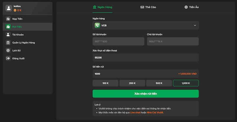 Rút tiền 1 Rút thưởng Vic88 qua ngân hàng