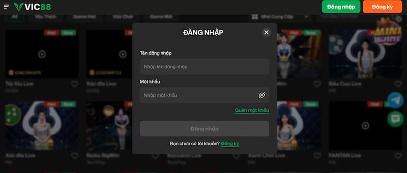 Đăng nhập 1 Thao tác login Vic88