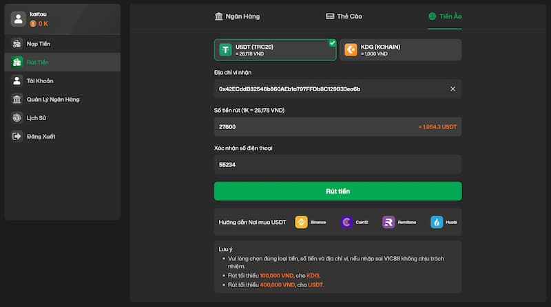 Rút tiền 2 Thủ tục rút thưởng Vic88 qua tiền ảo